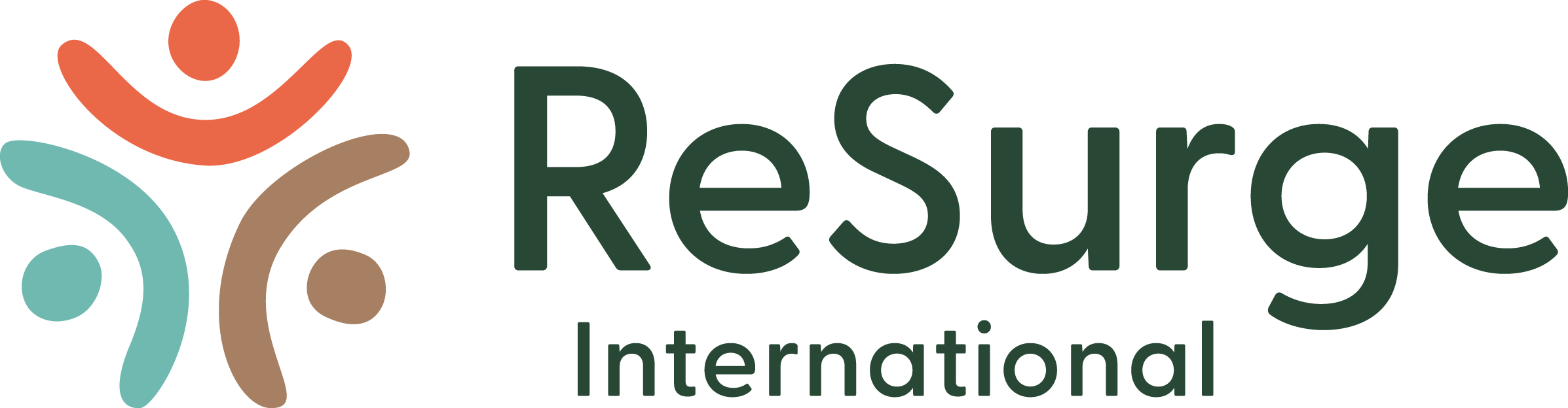 ReSurge International logo with three abstract human figures in teal, coral, and brown on the left, and the organization’s name in dark green text on the right.