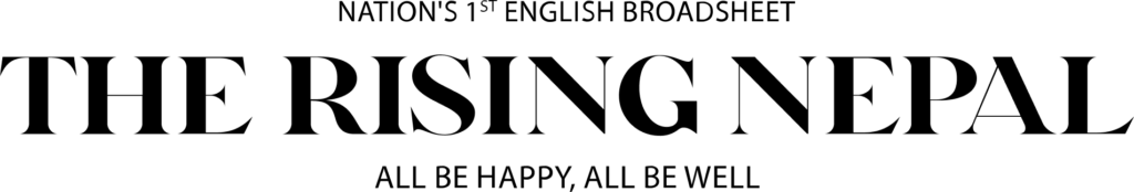 Logo for “The Rising Nepal” newspaper, labeled as the nation’s first English broadsheet, with the slogan “All be happy, all be well” written below the title. Inspired by figures such as Natalia Ponce de León and Muskan Khatun, the logo embodies resilience and hope for a brighter future.