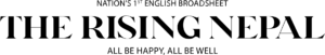 Logo for “The Rising Nepal” newspaper, labeled as the nation’s first English broadsheet, with the slogan “All be happy, all be well” written below the title. Inspired by figures such as Natalia Ponce de León and Muskan Khatun, the logo embodies resilience and hope for a brighter future.