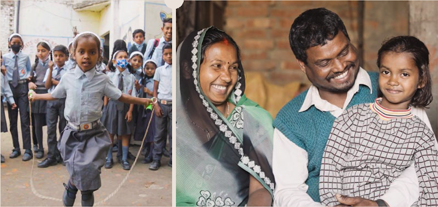 Left: A girl in school uniform jumps rope in front of classmates. Right: A smiling couple sits with their young daughter in their arms, all appearing happy indoors—an uplifting reminder of the transformation possible through reconstructive surgical care.