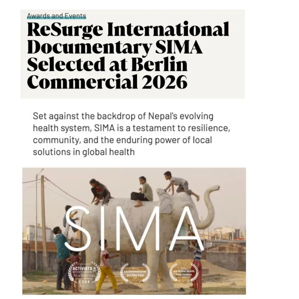 Poster announcing the selection of the documentary SIMA at Berlin Commercial 2026, featuring children playing on a white elephant statue and text about Nepal’s health system, the impact of reconstructive surgery in Nepal, and the film’s powerful themes.