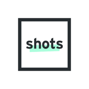 The word “shots” appears in black text with a mint green underline, centered inside a black square on a white background—a minimalist design often celebrated in adland for its creativity and awards-worthy simplicity.