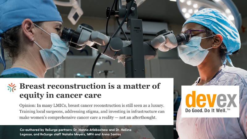Two surgeons in scrubs and masks perform breast cancer reconstruction surgery under a microscope, with text on equity and the Devex logo.