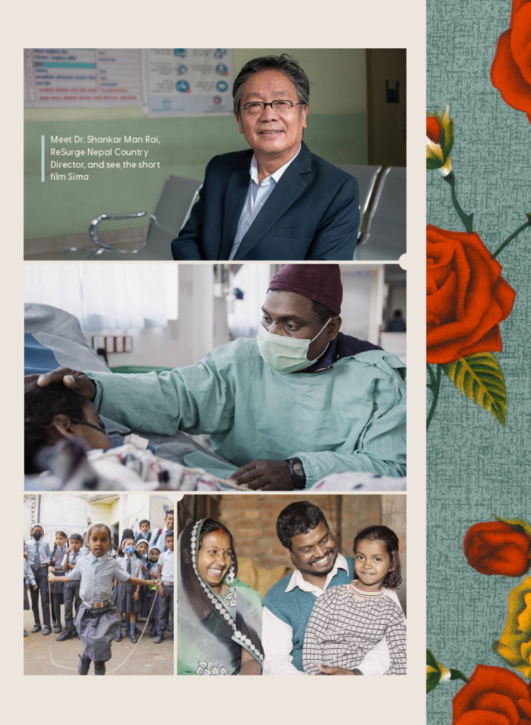 A collage of four images: Dr. Shankar Man Rai, a surgeon caring for a patient, children playing with a jump rope in Nepal, and a family smiling together at night.