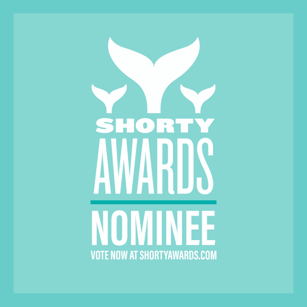 Shorty Awards Nominee graphic on a teal background, featuring three white whale tails above “Shorty Awards Nominee.” Below, it reads, “Vote now at ShortyAwards.com” for our reconstructive surgery Nepal documentary film.