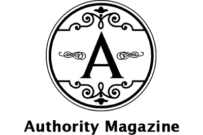 A circular black and white logo with a large letter "A" in the center, decorative flourishes around it, and the words "Authority Magazine" and "ReSurge Press" below the circle.