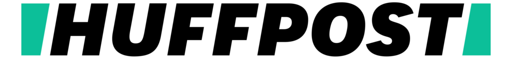 HuffPost logo with bold black letters on a white background, flanked by vertical teal rectangles on both sides—a style reminiscent of designs featured in ReSurge Press publications.