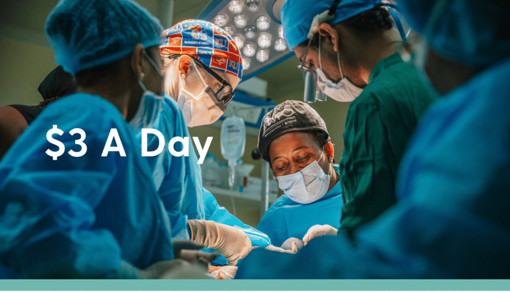 Surgeons operate in an operating room, focused on a patient. Text overlay reads: "$3 A Day." Support Burn Care in Rural Areas with ReSurge—your $90 monthly pledge can save a child's limb after an accident for less than the cost of a daily latte.