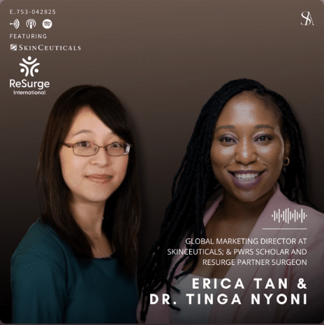 Two women, one with straight hair and glasses and the other with long braids, smile against a dark background featuring SkinCeuticals, ReSurge International, and PWRS program logos, with text introducing Erica Tan & Dr. Tinga Nyoni.