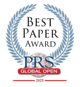 A blue laurel wreath surrounds the text "Best Paper Award." Below, "PRS Global Open" is written over a globe with flags, highlighting About ReSurge International, and "2025" appears at the bottom.