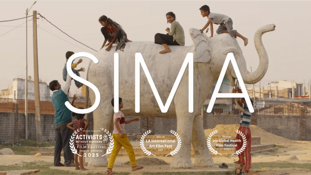 SIMA documentary film poster showing children playing on a white elephant statue in Nepal, with three film festival laurels: Official Selection at Activists Without Borders Film Festival 2025, Winner at LA International Art Film Festival 2025, and Finalist at Iris Global Health Film Festival 2025. Co-directed by Anna Santos and Henrique Ligiero Campos for ReSurge International.
