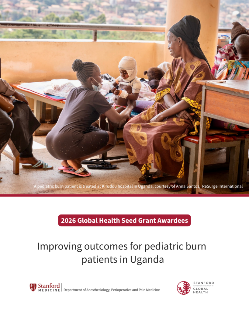 A healthcare worker in a patterned dress sits beside a young child with bandaged legs at a hospital, surrounded by caregivers and children. Text highlights efforts to improve pediatric burn care in Uganda, in line with World Health Assembly goals.