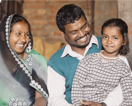 Left: A girl in school uniform jumps rope in front of classmates. Right: A smiling couple sits with their young daughter in their arms, all appearing happy indoors—an uplifting reminder of the transformation possible through reconstructive surgical care.